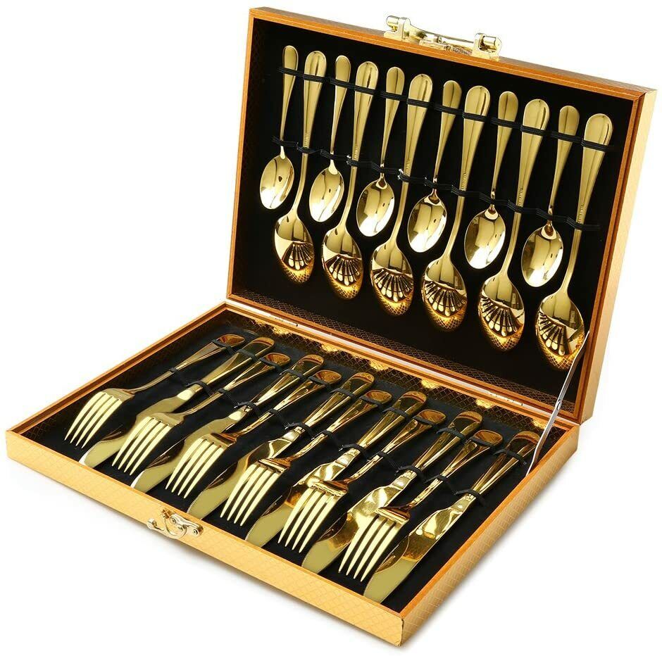 Gold Silverware Set 24Pieces Gold Forged Stainless Steel GOLD Flatware Set I NEW