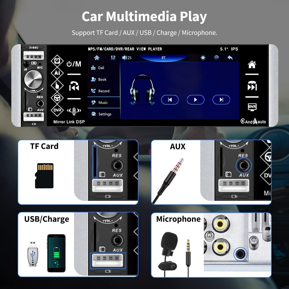 Car Radio Single Din with Apple Carplay Android Auto, 5.1 Inch IPS Touch Screen