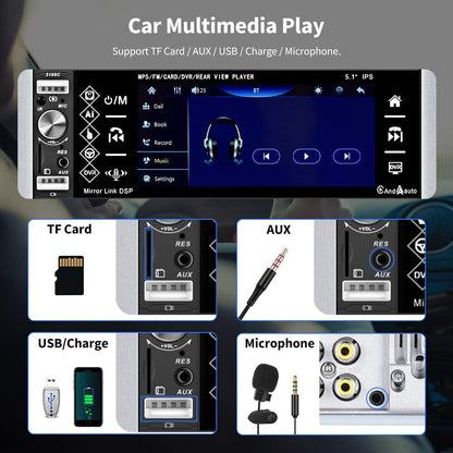 Motorradio Enkel Din met Apple CarPlay Android Auto, 5.1 Duim IPS Raakskerm