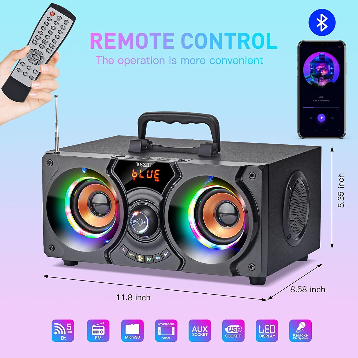 Portable Bluetooth Speakers with Double Subwoofer, 60W Loud Stereo EQ FM Remote