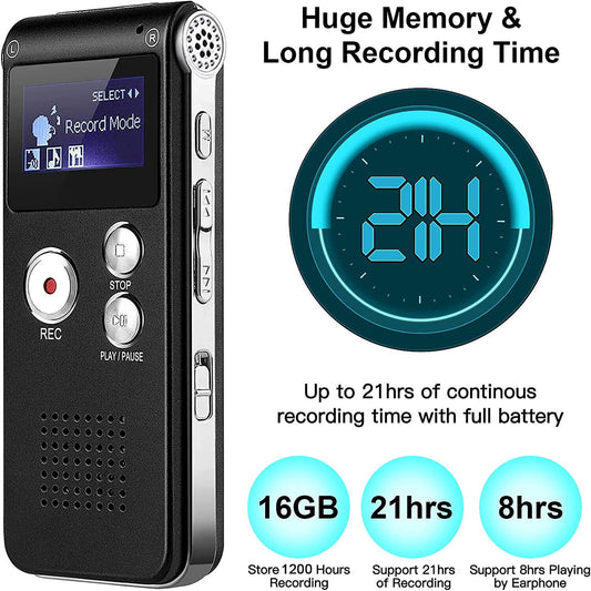 16GB Digital Voice Activated Recorder - Voice Recorder with Playback - Portable