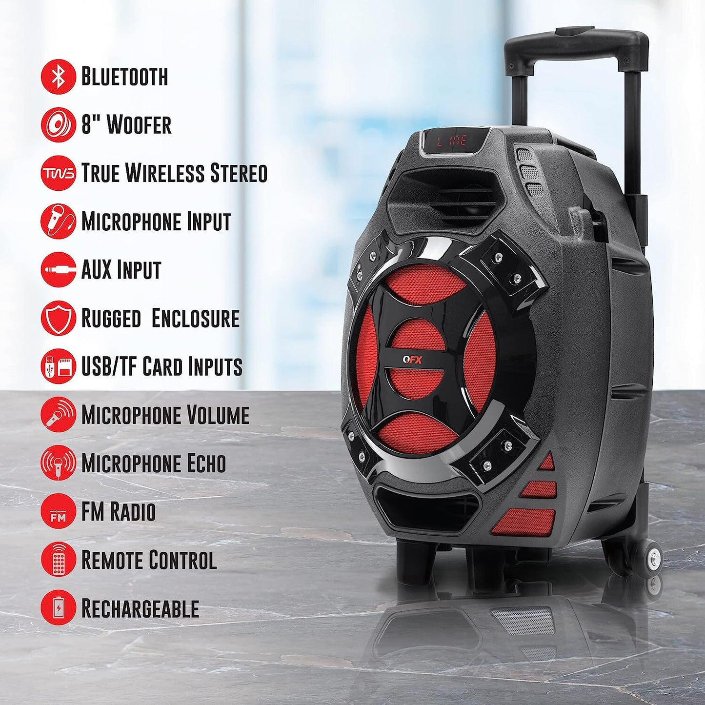 Rechargeable Portable Speaker | 8" Woofer | 2,600 Watts | Bluetooth, AUX - BLUE