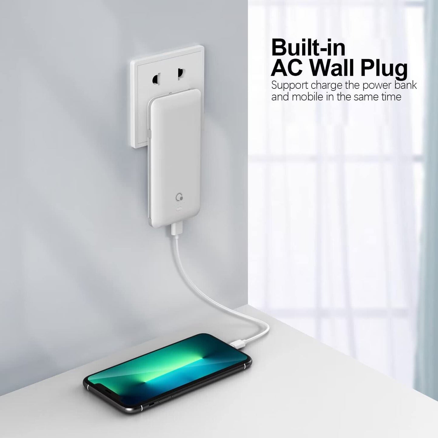 10000mAh Q Portable Charger Built IN AC Wall Plug Ultra Slim USB C Power Bank