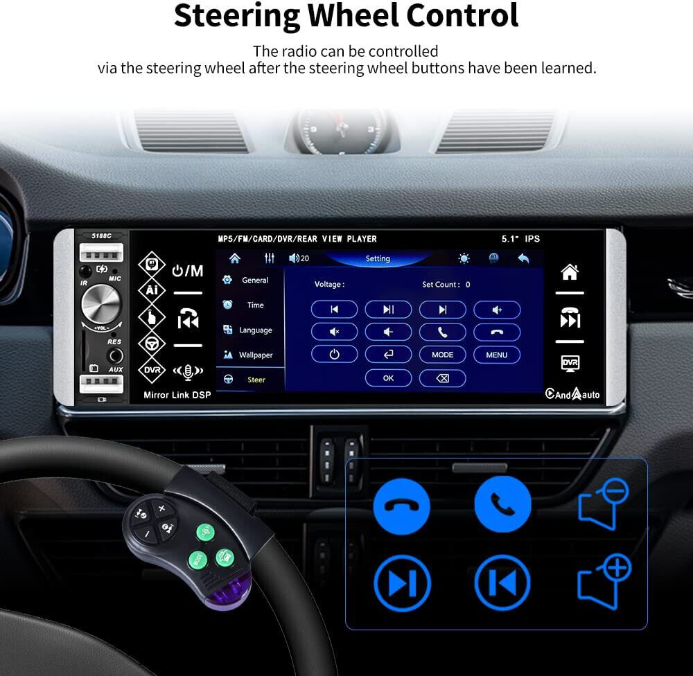 Car Radio Single Din with Apple Carplay Android Auto, 5.1 Inch IPS Touch Screen
