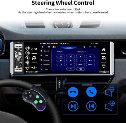 Motorradio Enkel Din met Apple CarPlay Android Auto, 5.1 Duim IPS Raakskerm