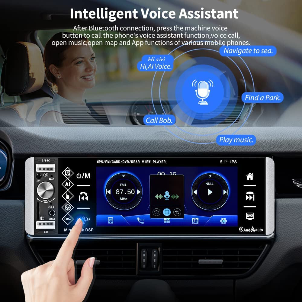 Car Radio Single Din with Apple Carplay Android Auto, 5.1 Inch IPS Touch Screen