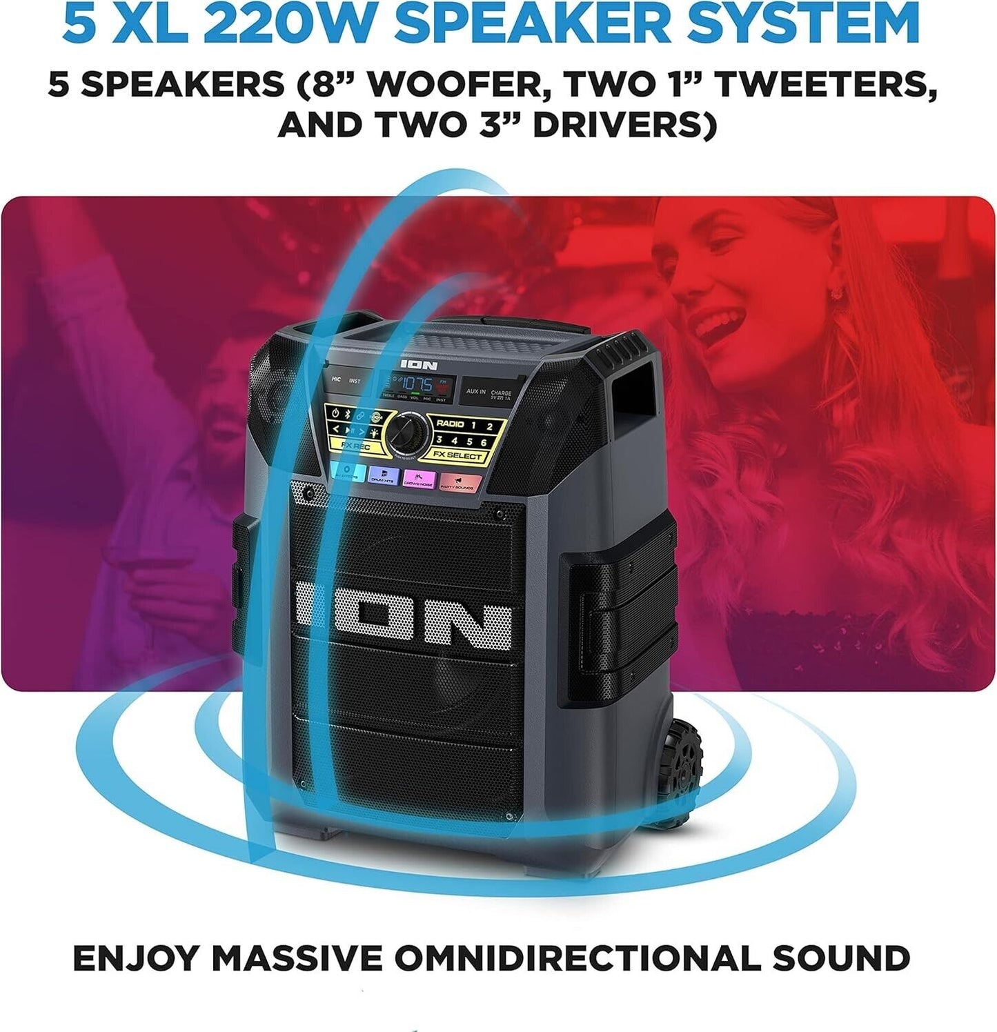 ION Block Rocker XL - Portable Bluetooth Outdoor Party Karaoke Speaker 220 Watts