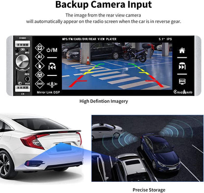 Motorradio Enkel Din met Apple CarPlay Android Auto, 5.1 Duim IPS Raakskerm