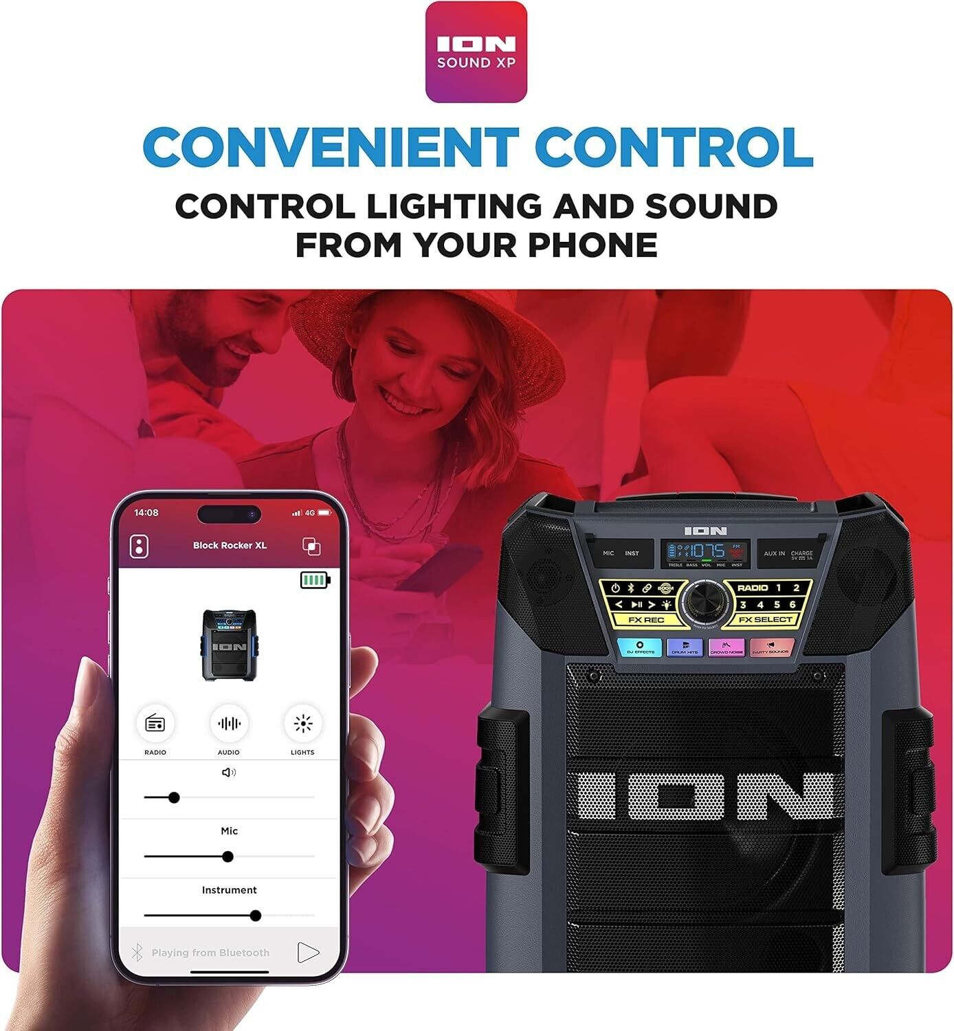 ION Block Rocker XL - Portable Bluetooth Outdoor Party Karaoke Speaker 220 Watts