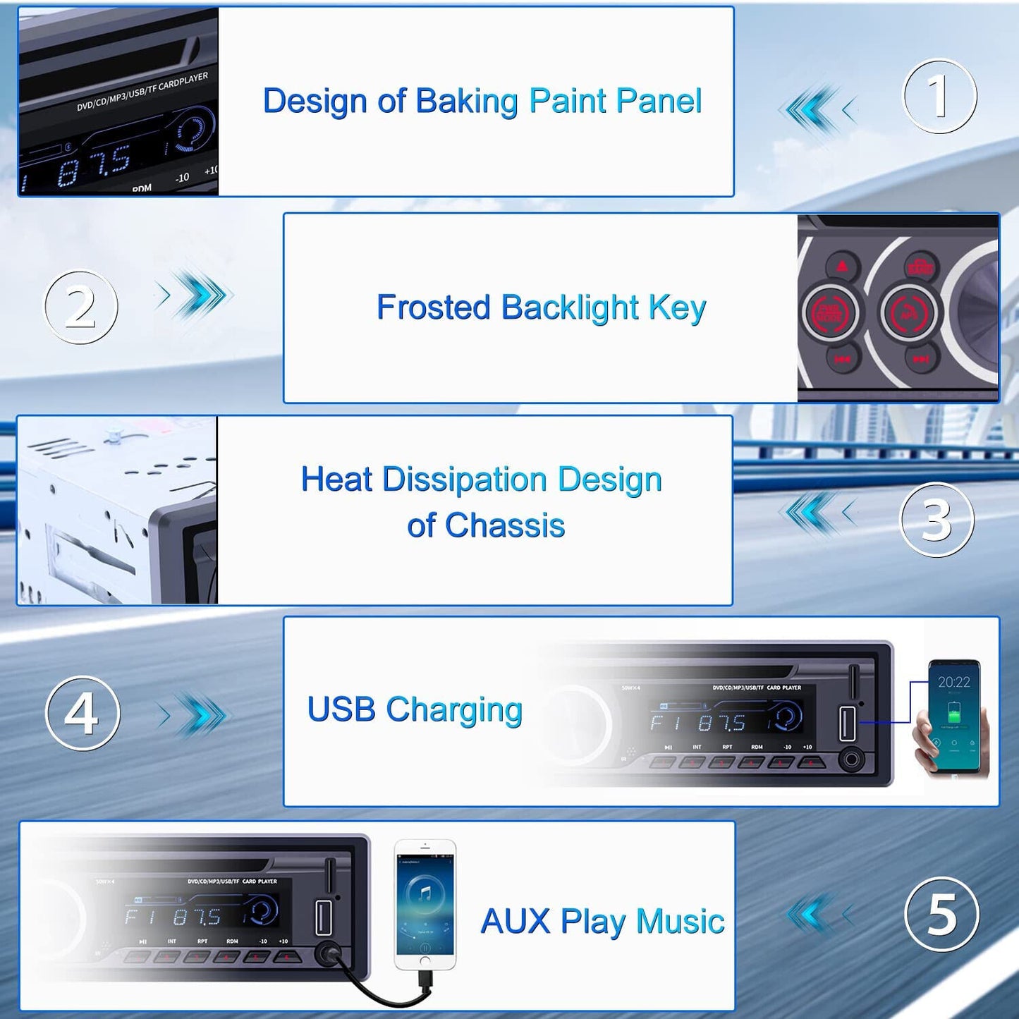 Single Din Car Radio CD Player, Car DVD Player with Bluetooth Hands-Free Calling