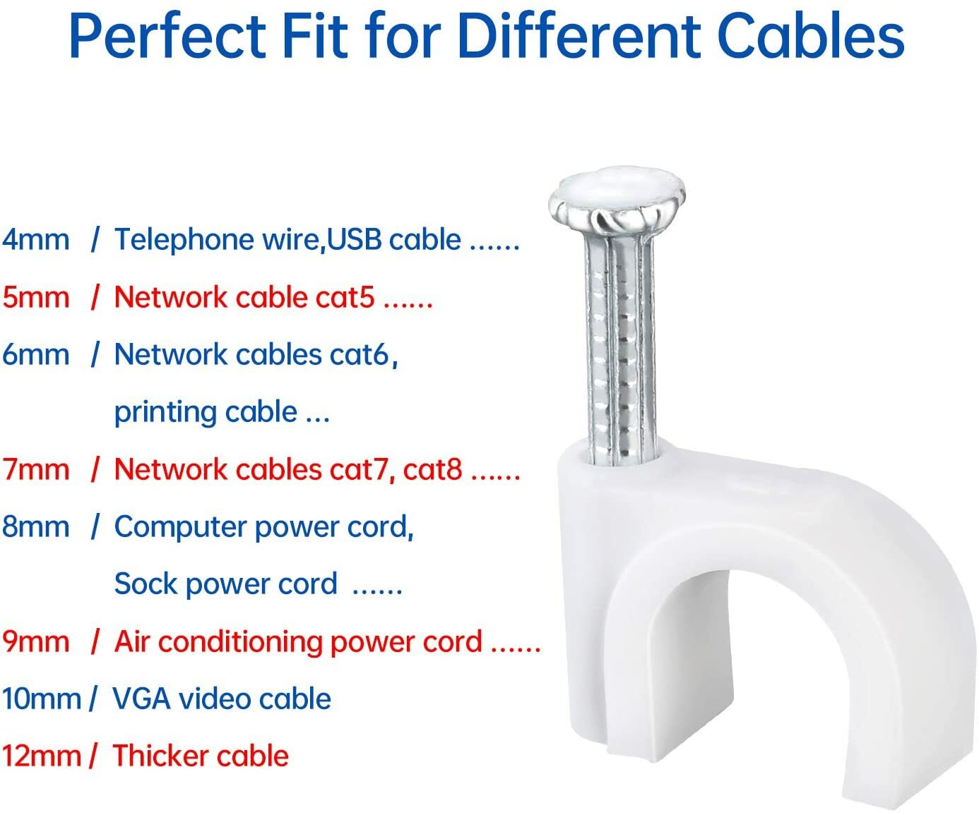 Round White Cable Clips with Steel Nails 6mm/ 0.236inch/ 100PCS For CAT6, CAT7.
