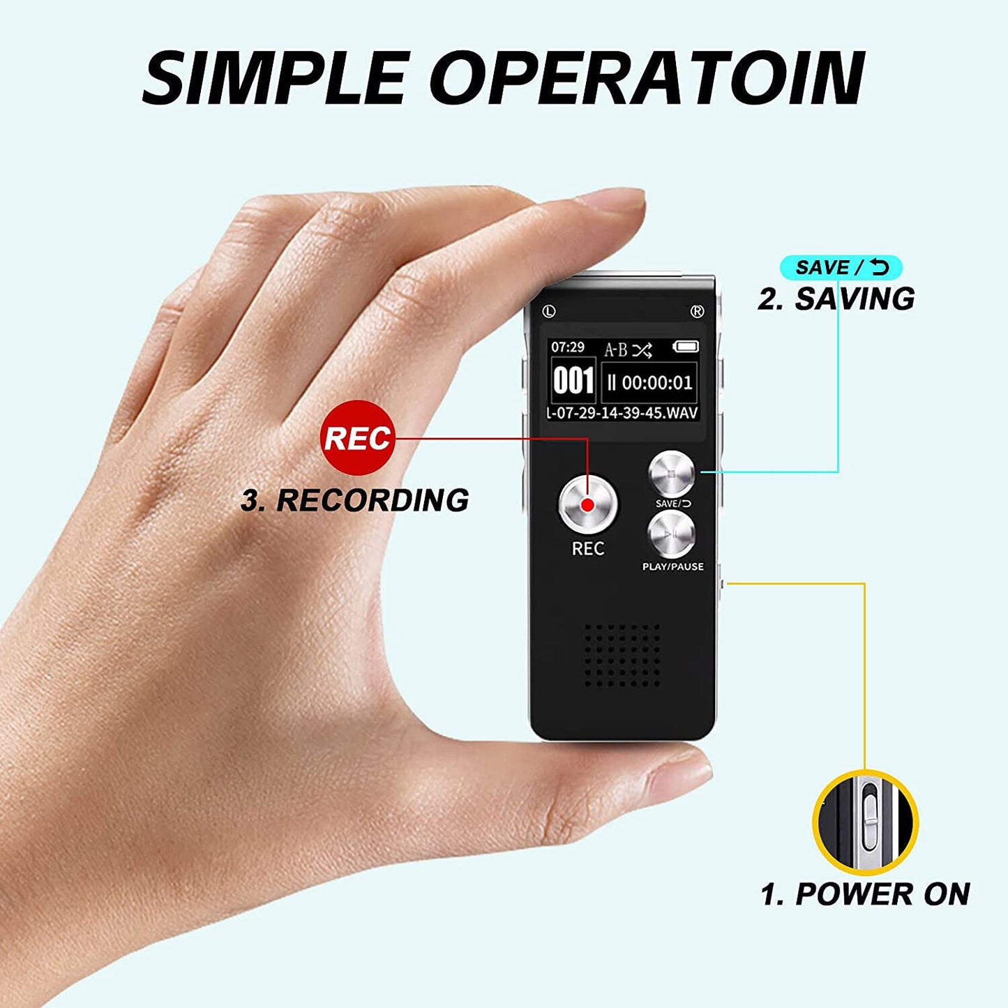 16GB Digital Voice Activated Recorder - Voice Recorder with Playback - Portable