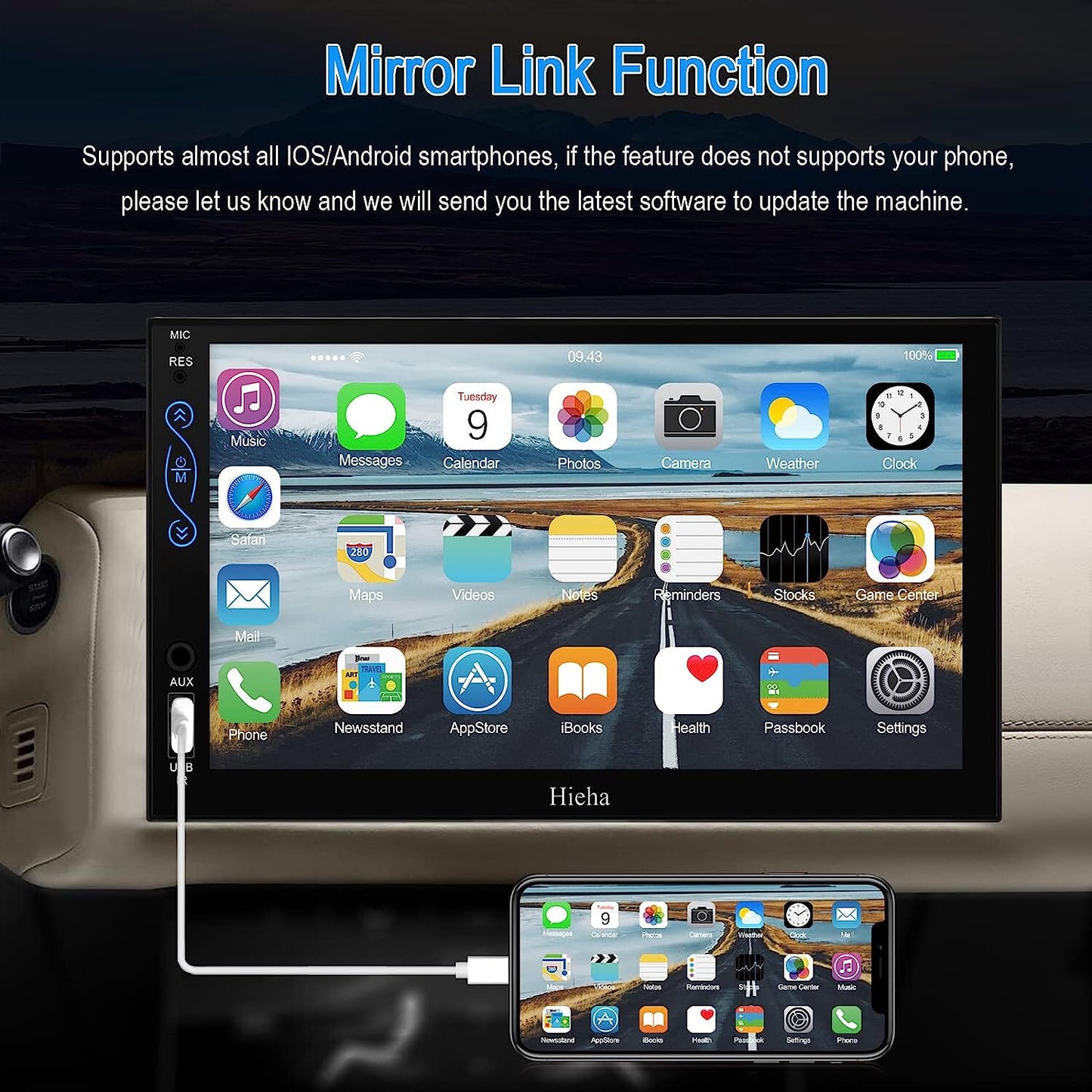 2-DIN 7" Bluetooth Car Play,Android Auto, MP5, Mirror Link, SWC, With A/V Input