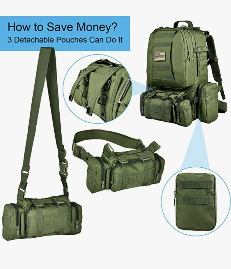 Tactical Military Army Rucksack 60L Assault Detachable Molle Backpack GRNPATCH