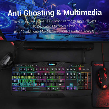 Redragon S101 Bedrade RGB-verligte Speletjiesleutelbord, Muis, Mat & Koptelefoon Kombinasie