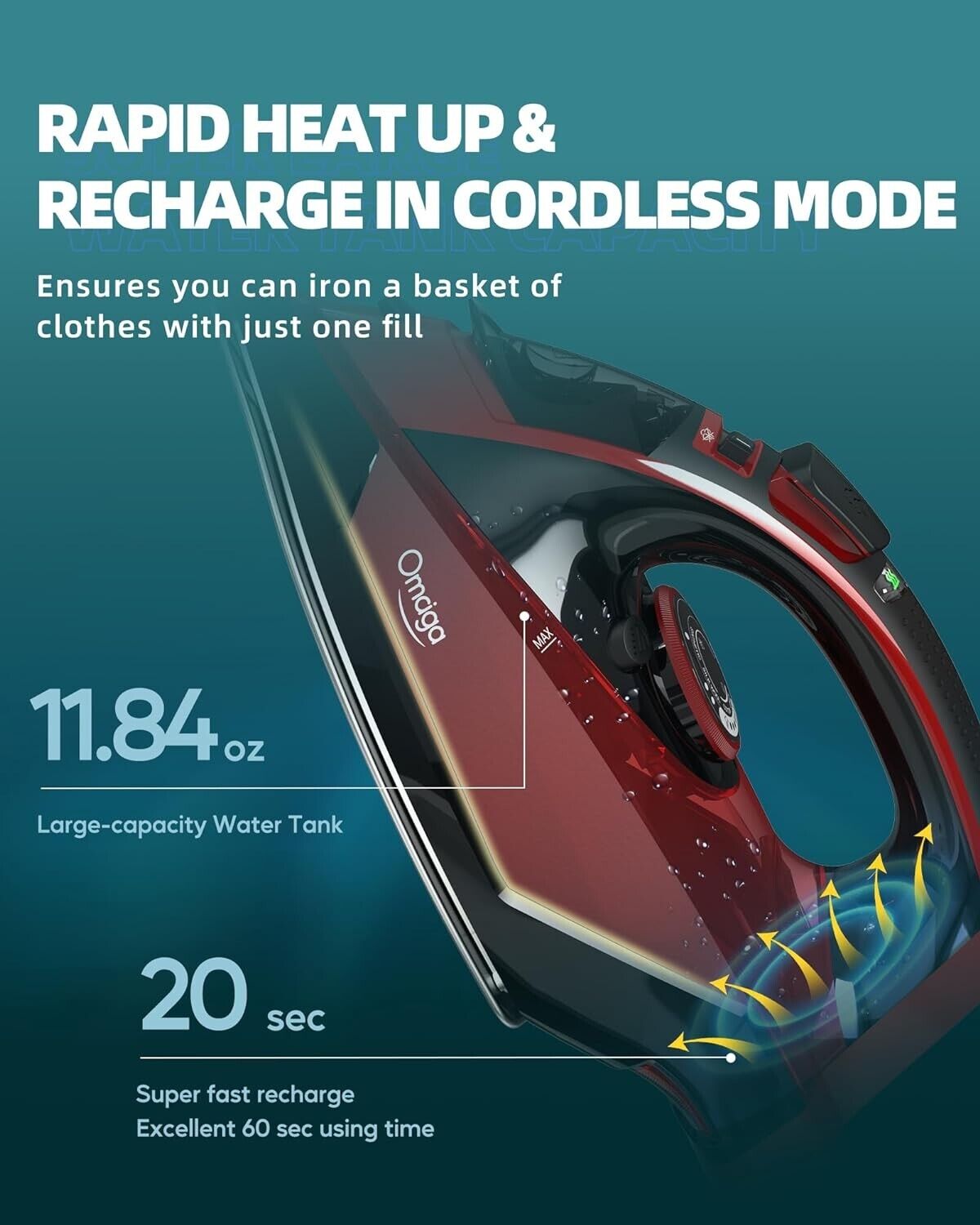 Cordless Iron with Steam with 11.84ozs Water Tank, Anti Drip Iron Cordless