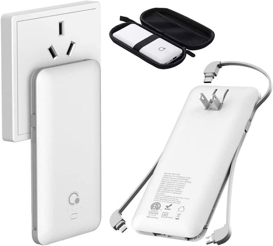 10000mAh Q Portable Charger Built IN AC Wall Plug Ultra Slim USB C Power Bank