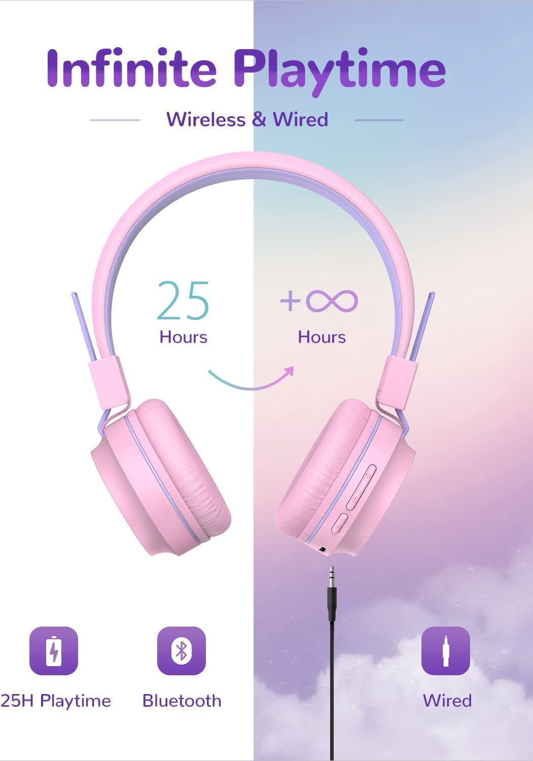 PINK BTH03 Kids Bluetooth Headphones Safe Volume, Colorful LED Lights, 25Hour