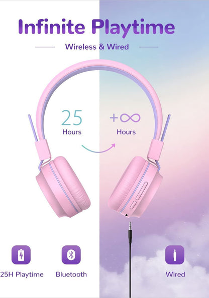 PINK BTH03 Bluetooth-koptelefoon vir Kinders Veilige Volume, Kleurvolle LED-liggies, 25 Uur