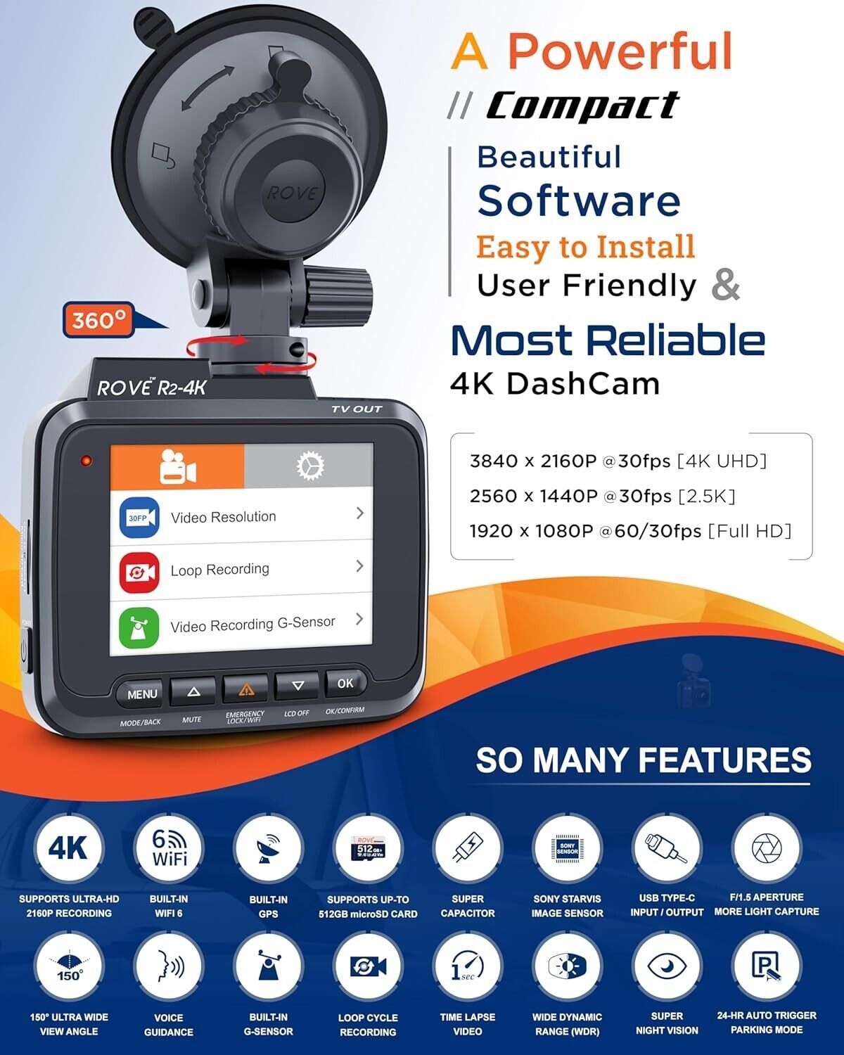 ROVE R2-4K Dash Cam Built-in WiFi 6 GPS Car Dashboard Camera Recorder