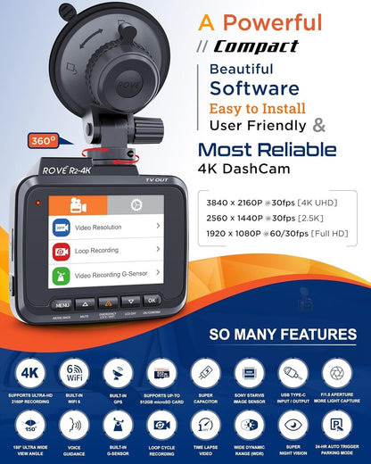 ROVE R2-4K Dashcam Ingeboude WiFi 6 GPS-motorpaneelkamera-opnemer