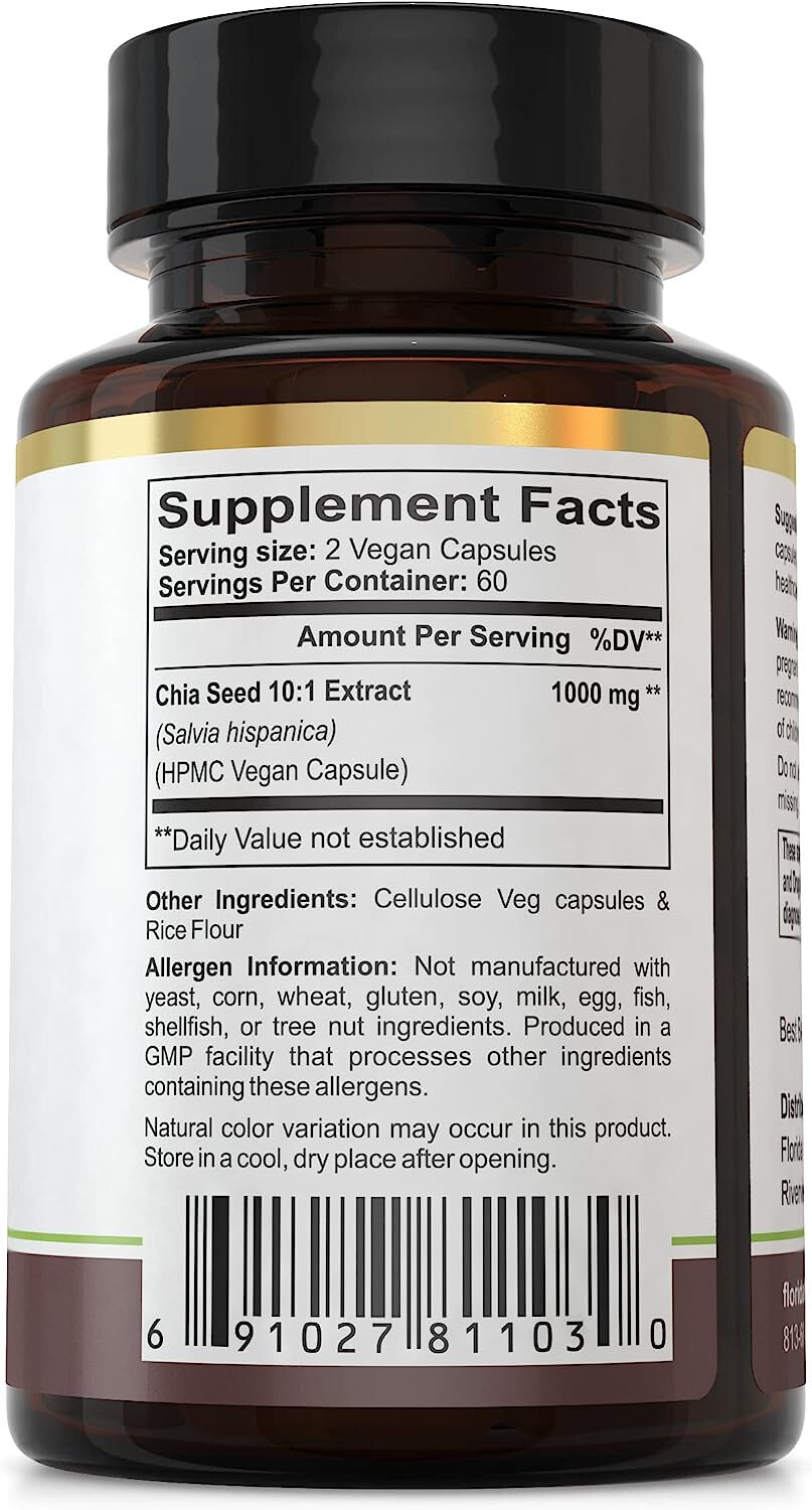 Chia Seed Extract Capsules 10:1 (120 Capsules) 500 mg per Capsule, 1000 mg Serv