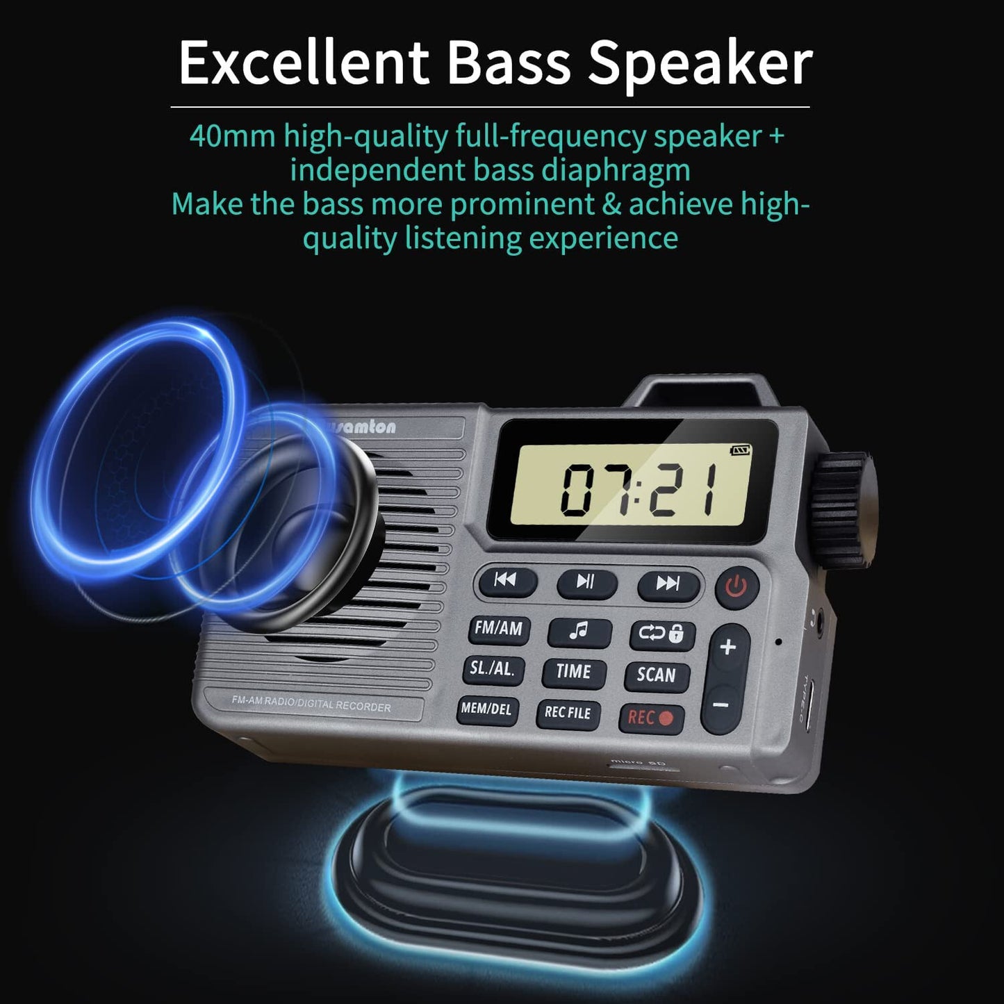Portable AM/FM Radio, Small Pocket Radio with Bluetooth, Bass Speaker, Micro SD