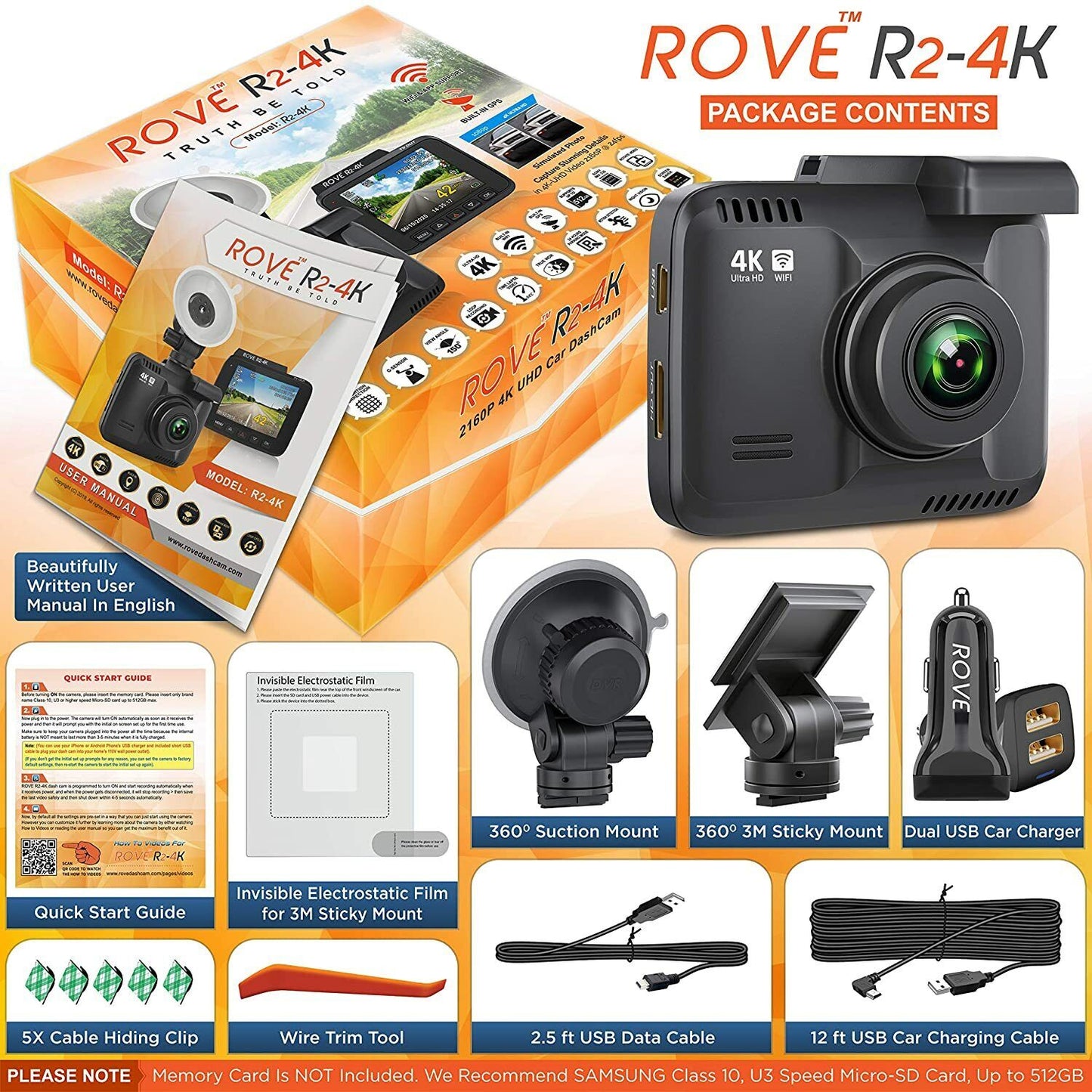 Rove R2-4K Dash Cam Built in WiFi GPS Car Dashboard Camera Recorder with UHD2160