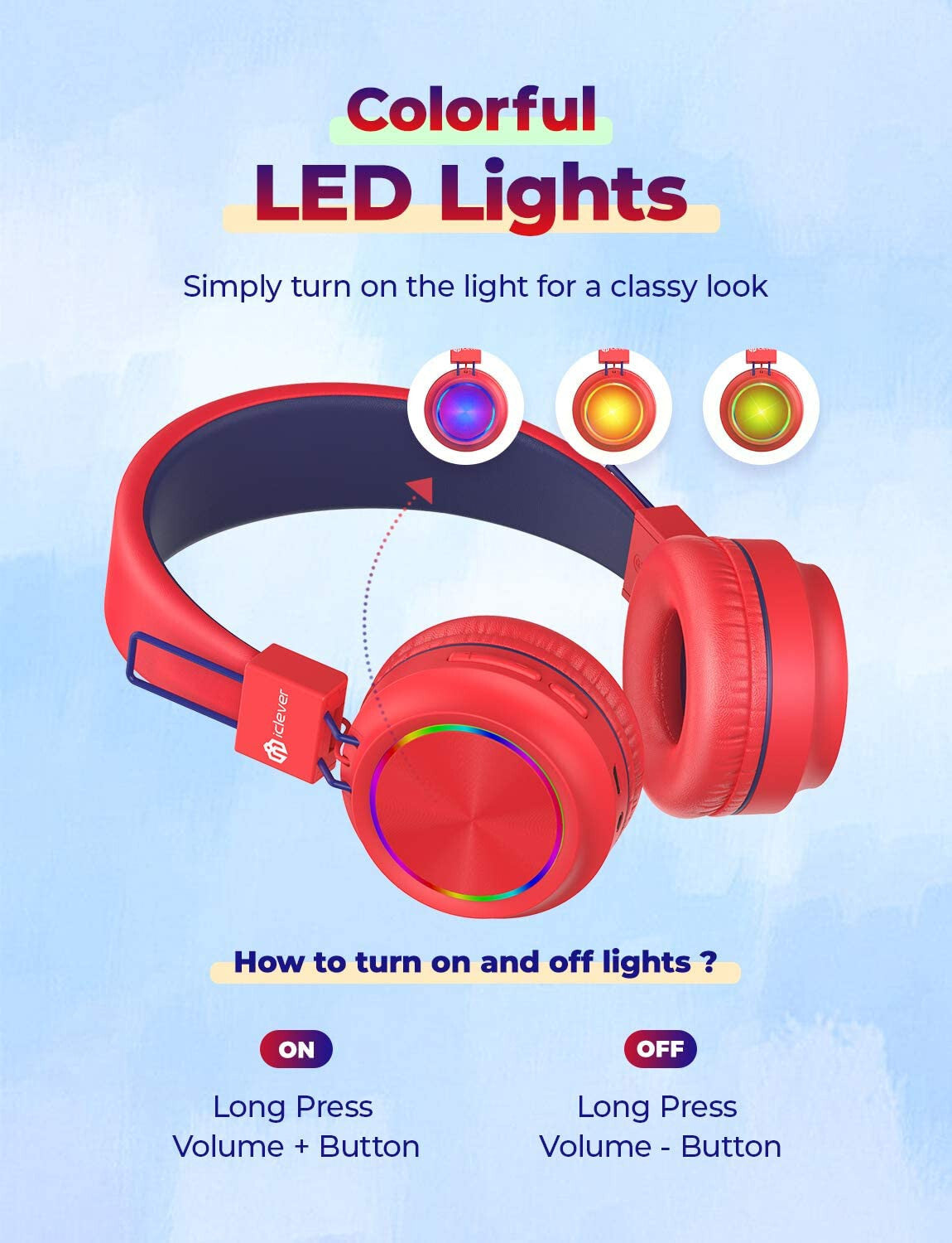RED BTH03 Kids Bluetooth Headphones Safe Volume, Colorful LED Lights, 25Hour