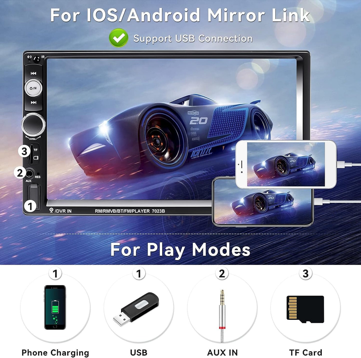 7" Double Din Car Stereo Audio Bluetooth MP5 Player USB FM Multimedia Radio+4LED