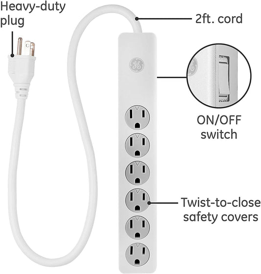 GE 6-Outlet Surge Protector Extension Cord, Power Strip, 800 Joules, Flat Plug