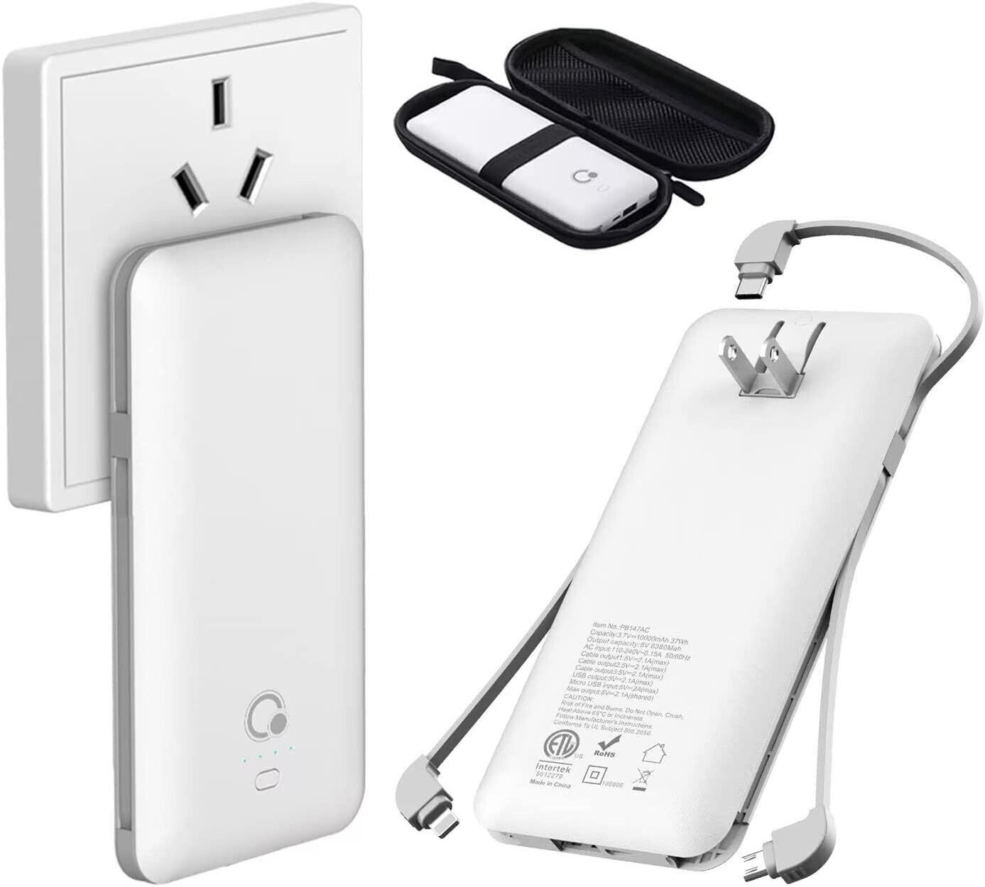 10000mAh Q Portable Charger, Ultra Slim USB C Power Bank, Built IN AC Wall Plug