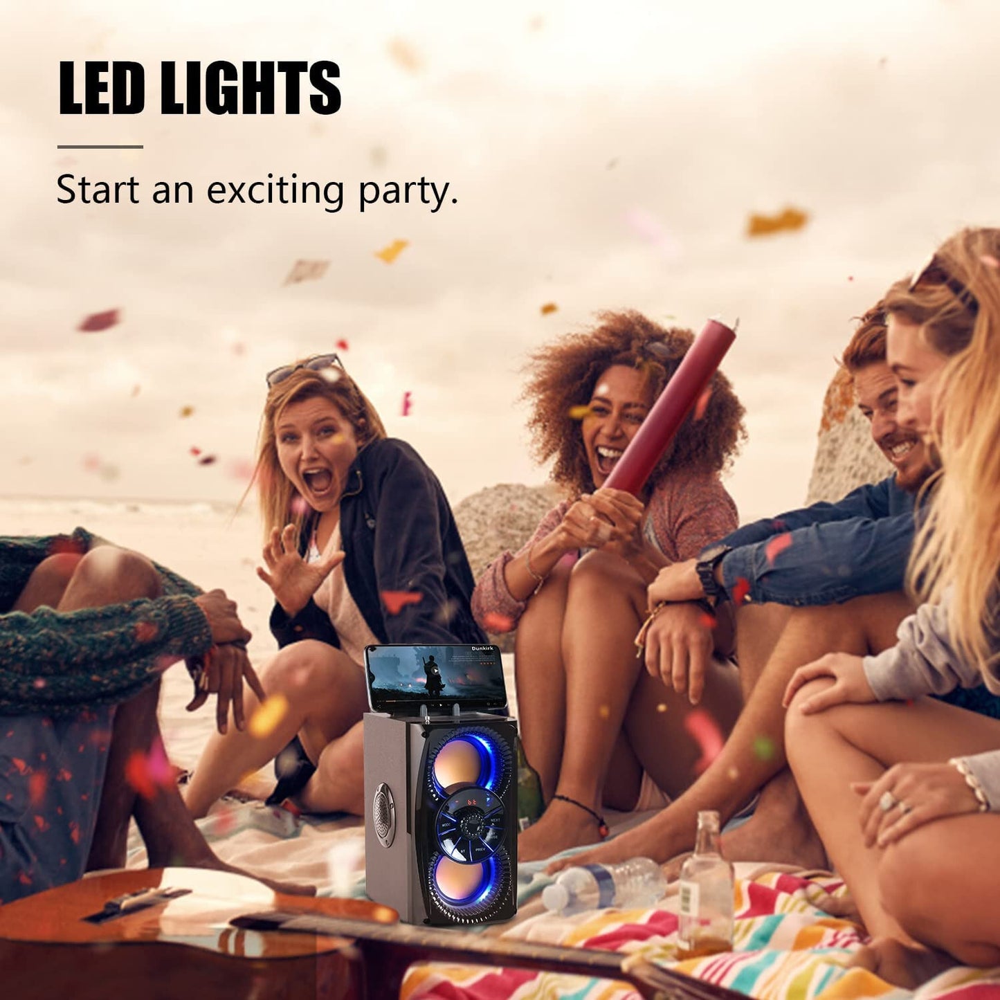 Bluetooth Speaker, Portable Wireless Speakers with Lights  2 Subwoofer FM I NEW