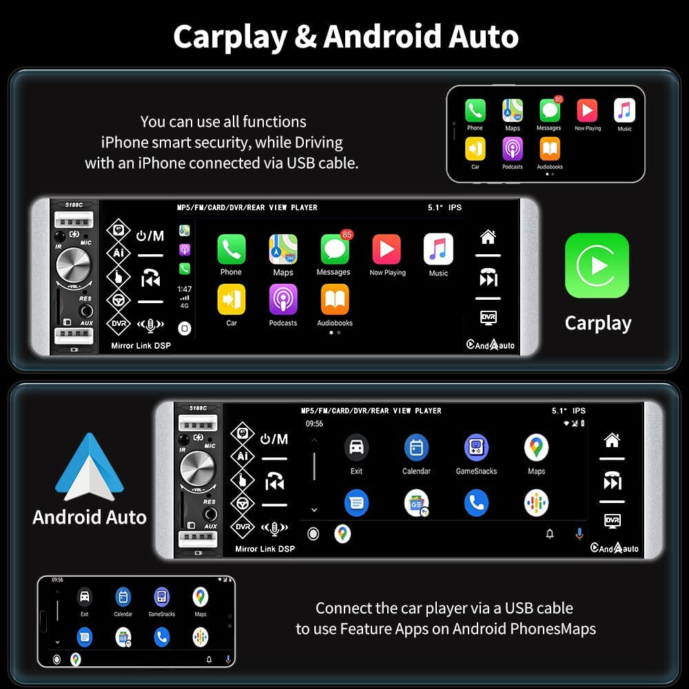 Car Radio Single Din with Apple Carplay Android Auto, 5.1 Inch IPS Touch Screen