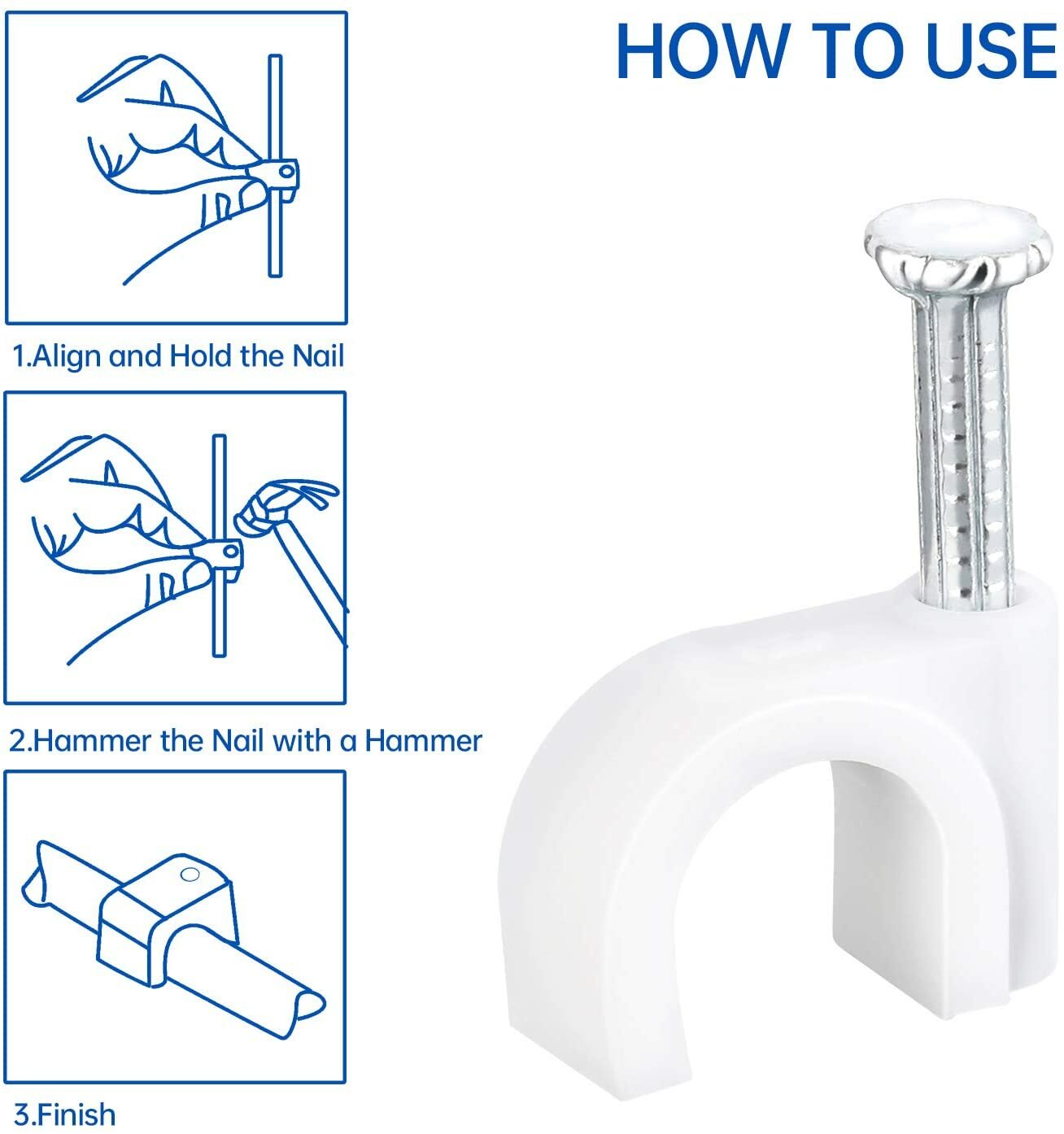 Round White Cable Clips with Steel Nails 6mm/ 0.236inch/ 100PCS For CAT6, CAT7.