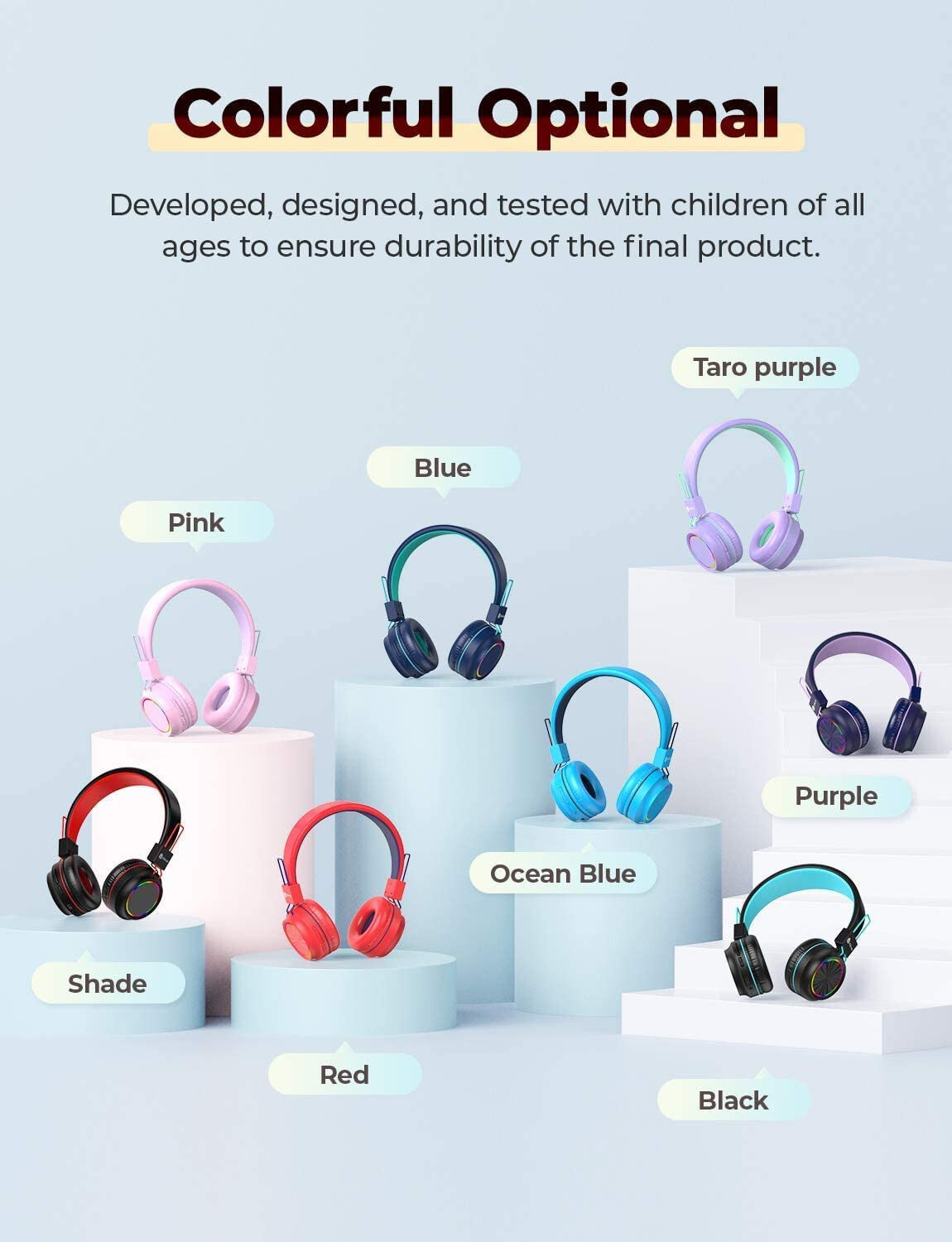 PINK BTH03 Kids Bluetooth Headphones Safe Volume, Colorful LED Lights, 25Hour