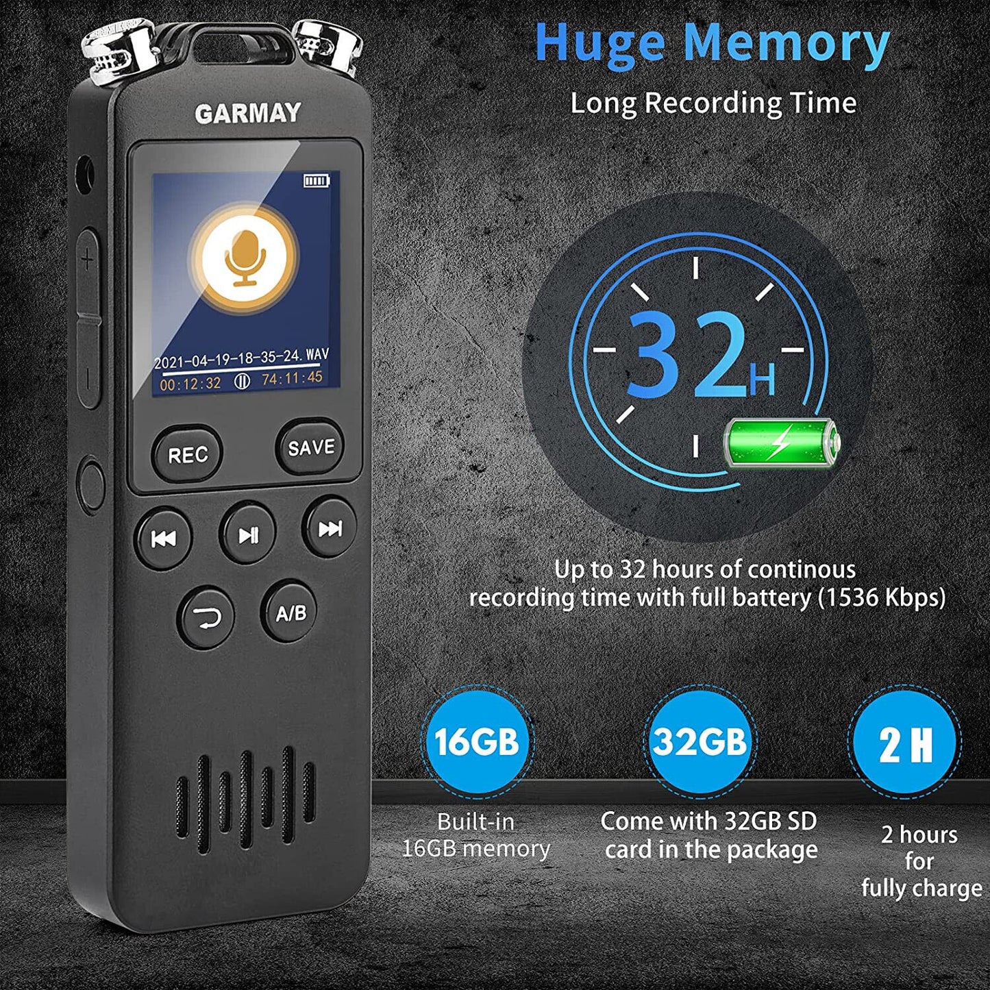 GARMAY Digital Voice Recorder Upgraded 48GB 1536BPS 3343Hours Recording Capacity