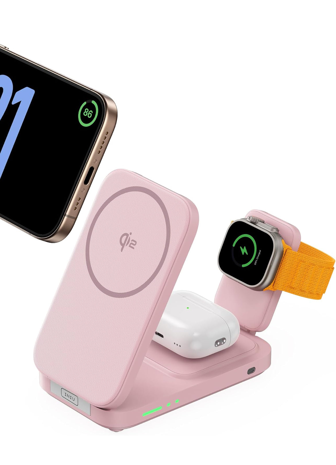 INIU 3 in 1 Wireless Charging Station, Qi2 Certified Magnetic Travel Charger for Apple Multiple Devices, Foldable Charger Stand for Apple iPhone 16 15 14 13 12 Series Watch AirPods (Pink)