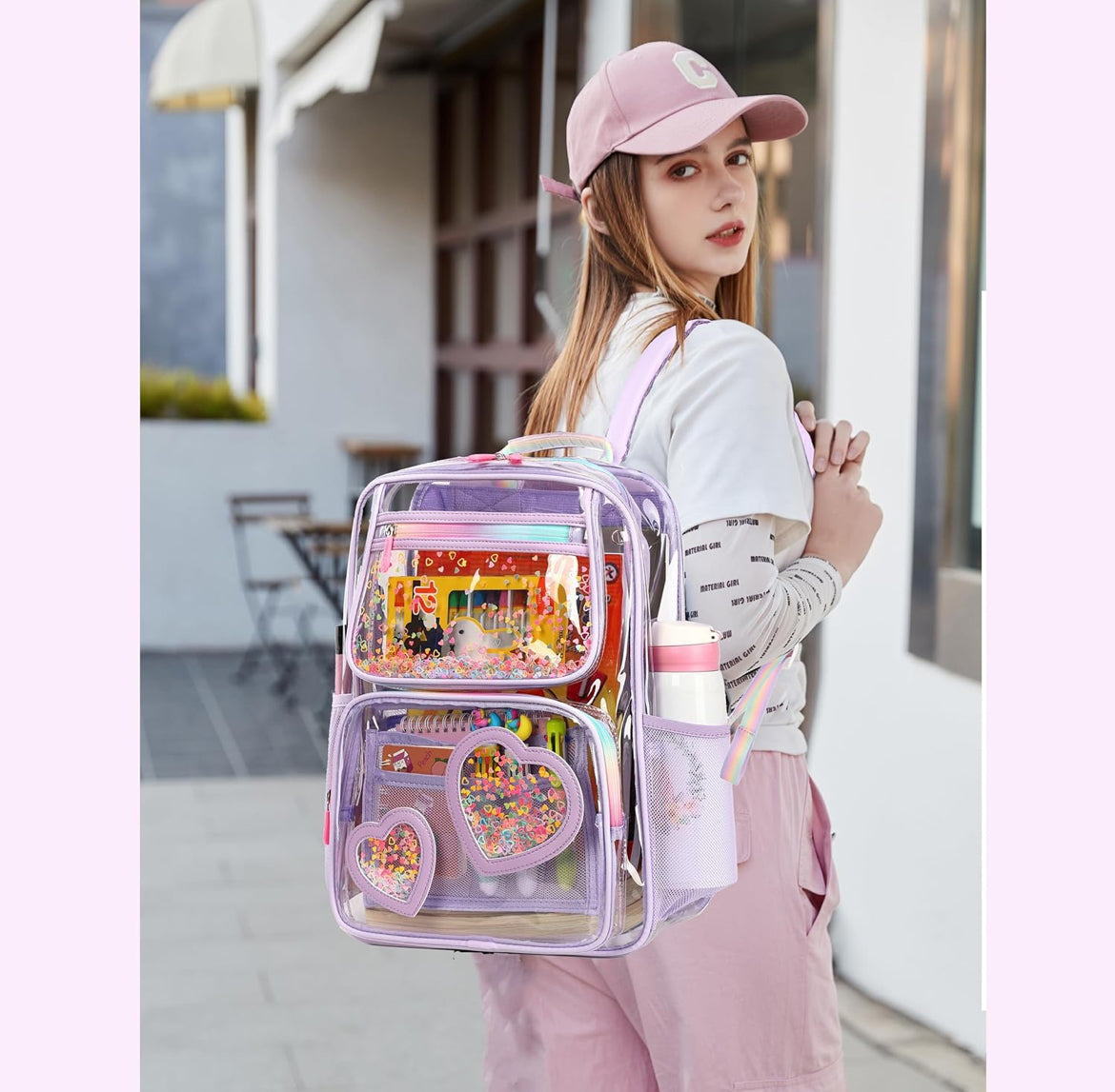 Clear Backpack for Girls Women Transparent Kids Elementary College School Bag Travel Laptop Backpacks Large Bookbags (Purple)