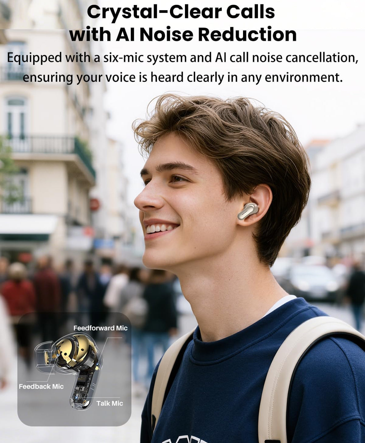 NC20 Pro Active Noise Cancelling Wireless Earbuds with Smart Touch Screen, LDAC Hi-Res Audio, Stereo Bass, 6 Mics AI Call Ear Buds, 80H Playtime, IPX8 Waterproof (Champagne)