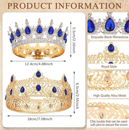 2 Stuks Prom Koning en Koningin Kroon vir Mans Vroue Koning Koningin Kroon Tiara met Strass vir Trou Verjaarsdag Gradeplegtigheid (Blou Goud, Blou Styl)