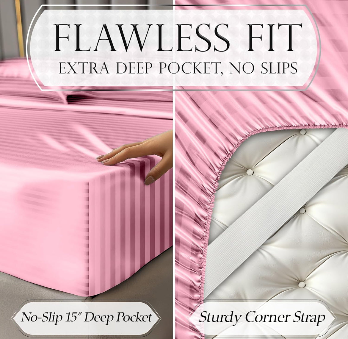 DECOLURE Satin Bed Sheets - 4 Piece Luxury Silky Queen Size Bedding Set - Softer Than Silk, Wrinkle-Free with 15” Deep Pocket Fitted Sheet, Perfect for Hair & Skin, Gifts for Women (Striped Pink)