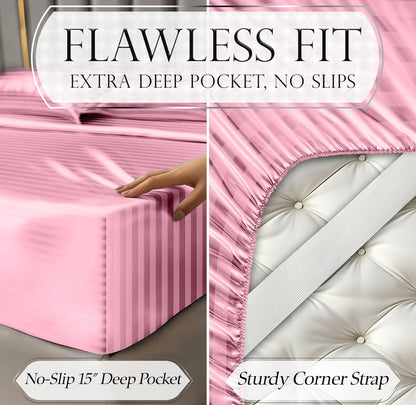 DECOLURE Satin Bed Sheets - 4 Piece Luxury Silky Queen Size Bedding Set - Softer Than Silk, Wrinkle-Free with 15” Deep Pocket Fitted Sheet, Perfect for Hair & Skin, Gifts for Women (Striped Pink)