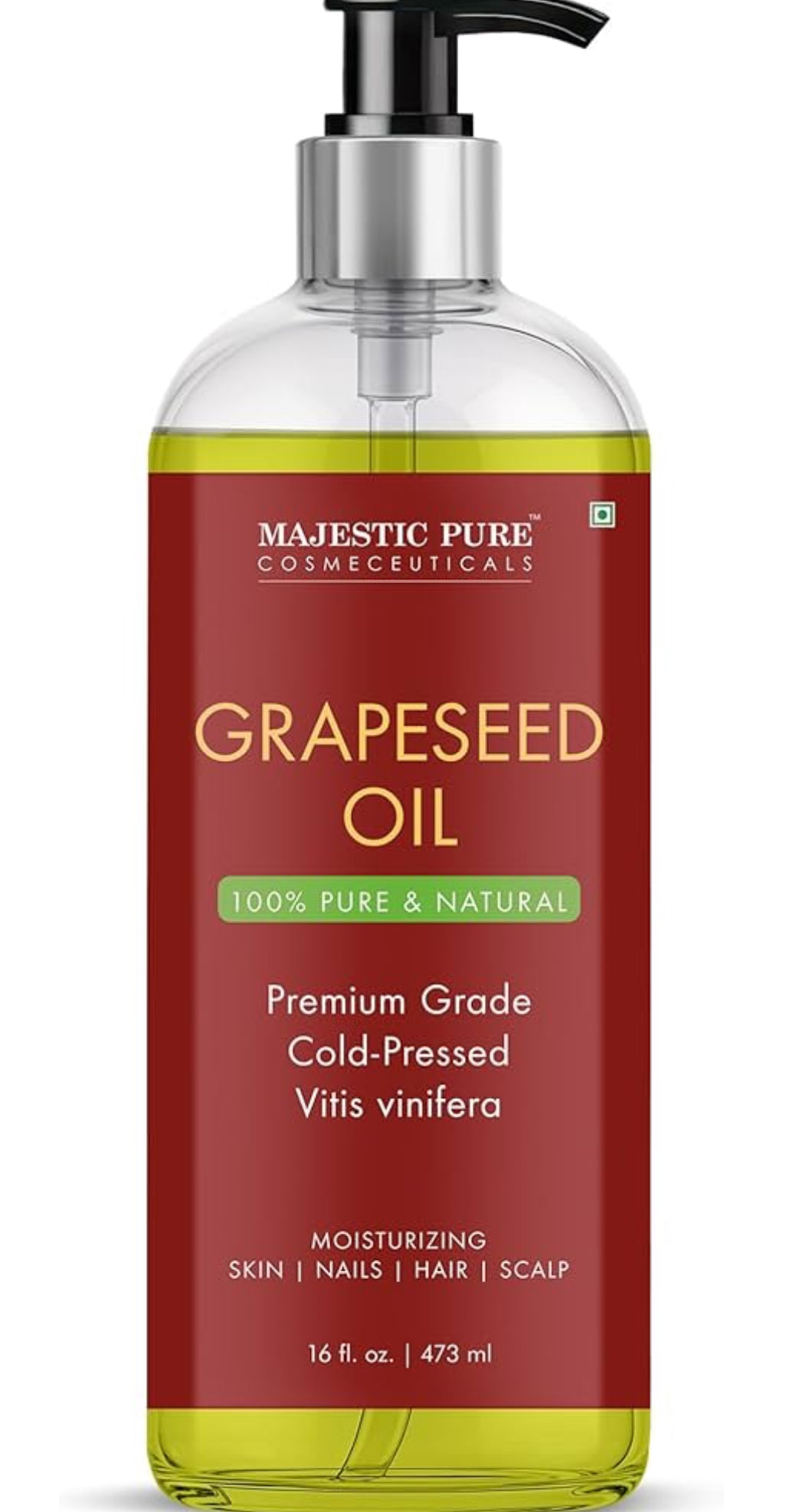 Suiwer Druiwepit-olie - 100% Suiwer & Natuurlik - Premium Graad, Kouegepars, Heksaanvrye Draerolie vir Vel, Hare en Liggaam - Hidraterende Vel - 16 Fl Oz