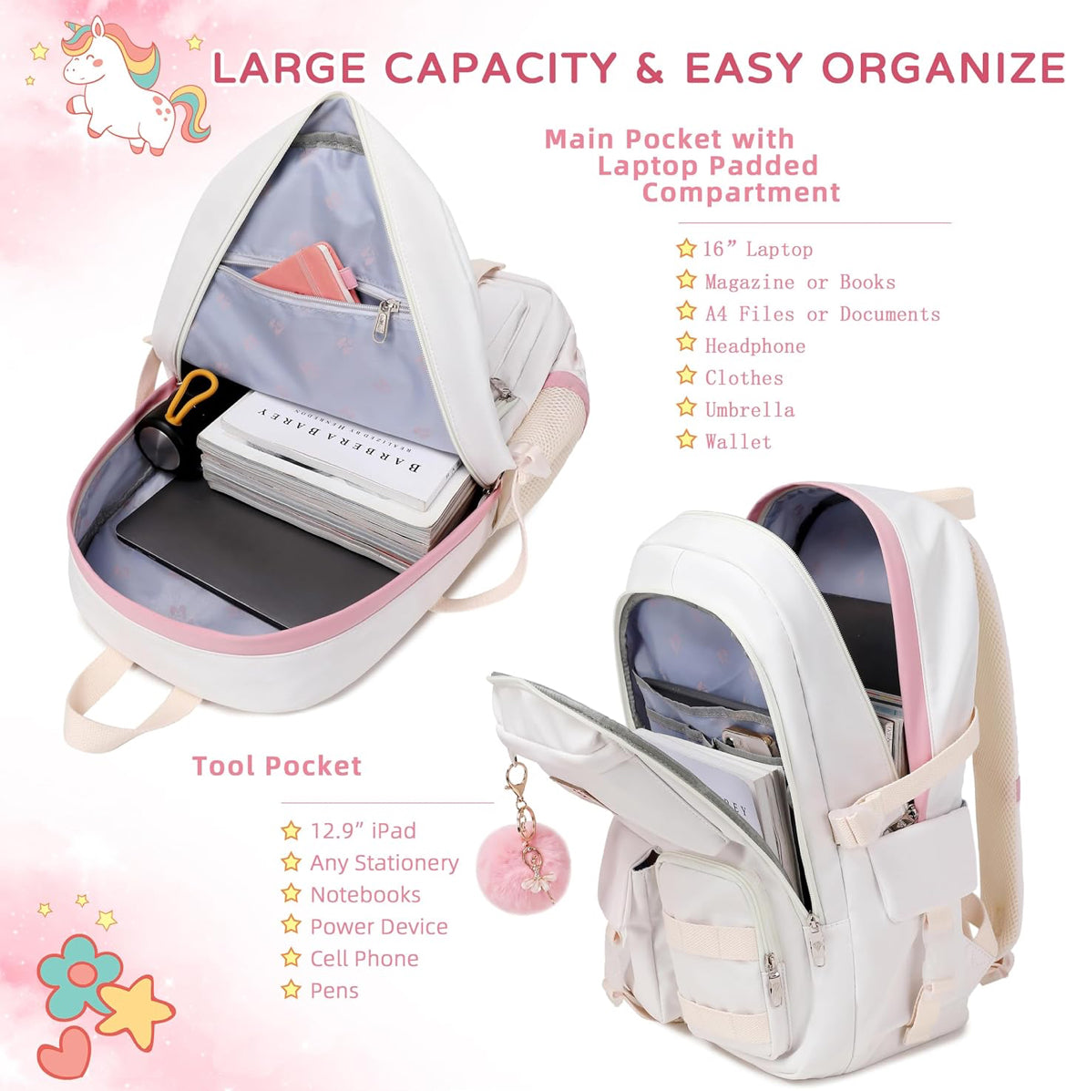 Backpack for Girls Laptop Backpacks 15.6 Inch College Cute Bookbag Anti Theft Primary Elementary School Bag Casual Daypack for Students Teens Girl Women (Beige)