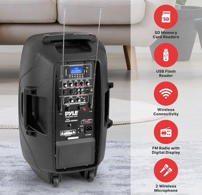 Draagbare Bluetooth PA Luidsprekerstelsel - 1000W Koordlose Karaoke Luidspreker met 12” Subwoofer, USB/SD/MP3/FM - Sluit Dubbele UHF Mikrofoon, Afstandbeheer, Rolwiele in