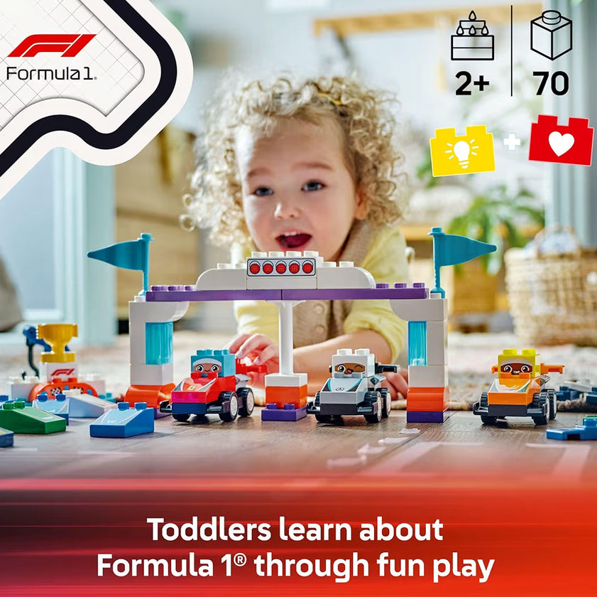 LEGO DUPLO Town F1 Span Renmotors en Drywers Boubare Speelgoedstel – Kleuter Speelgoedmotors vir Voorgee Speel, Seuns en Dogters, Ouderdomme 2+