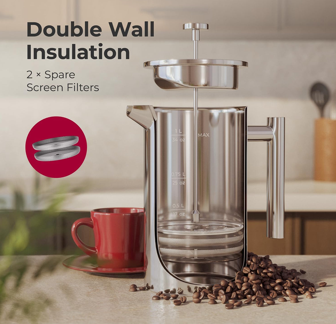 Druk-Koffiemaker 1L, Vlekvrye Staal, 4 Filters Hittebestande Dubbel Geïsoleerd, Roesvry, Voedselgraad, Skottelgoedwasser Veilig