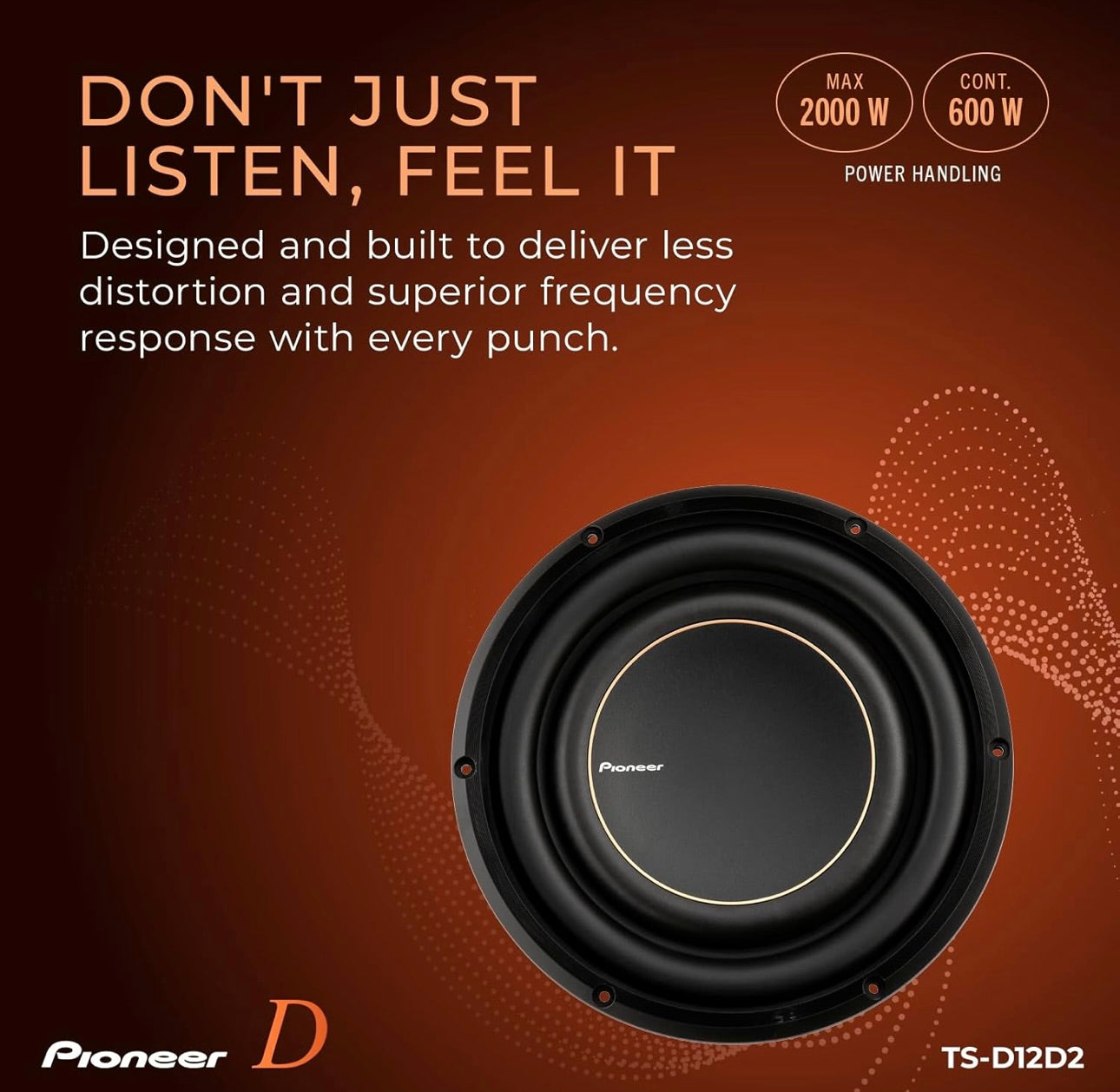Pioneer TS-D12D2 – Powerful 12” Subwoofer, 2000 Watts Peak Power, Dual 2 Ohms Voice Coil for Deep Bass