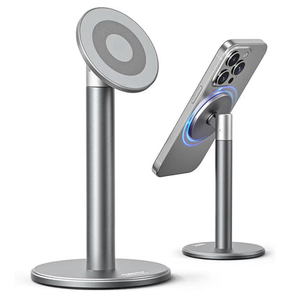 Magnetiese Volledig Aluminium Foonstaander, 360° Draaibaar vir Lessenaar met Metaalring, Verstelbare Houer met MagSafe-tas – Grys